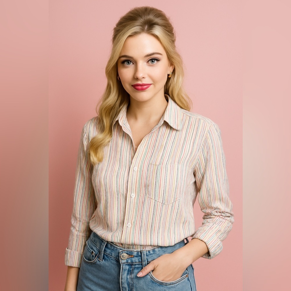 Frank & Eileen 100 Percent Linen Button-Up Shirt – Rainbow Stripe – Size Medium